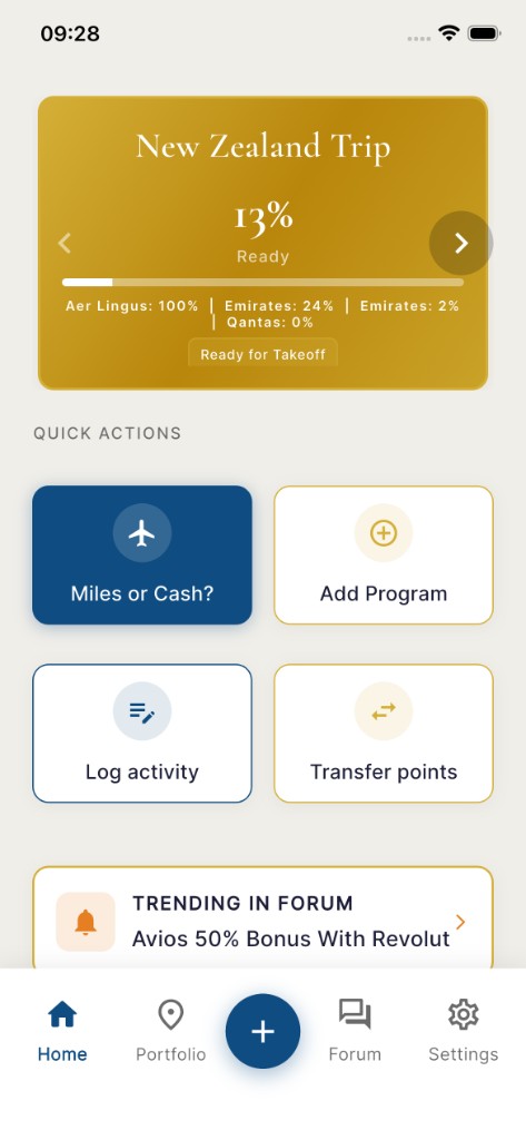 Pointfolio app home screen: trip goal, quick actions, trending forum